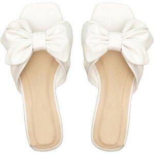 Women's Bow White Square Open Toe Breathable Slip On Slide Sandals Flat Shoes